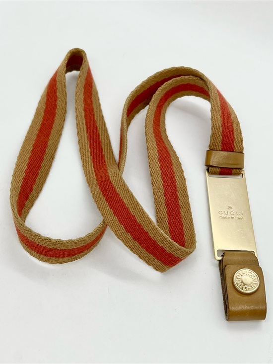 Gucci Accessories - Gucci VINTAGE Web Stripe Lanyard Key Holder Gold Tone Leather Canvas Italy